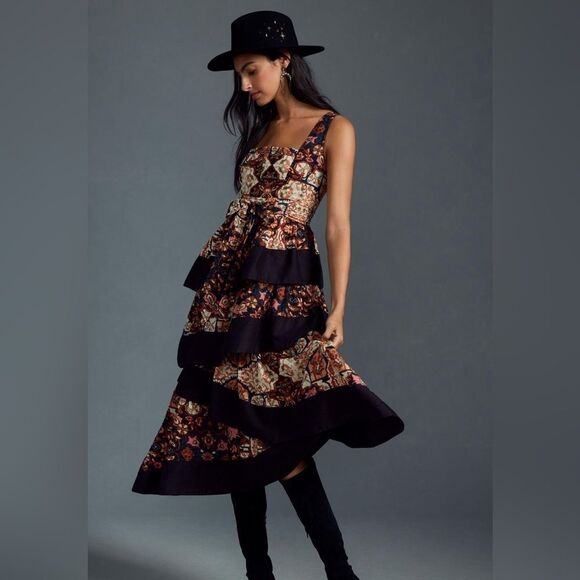 By Anthropologie Square-Neck Tiered Midi Dress size Small - Picture 4 of 6